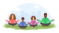A multiethnic family meditating together in a lotus position on the grass with a city behind. Vector illustration in flat style