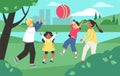 Multiethnic family playing sports games outdoors, flat vector illustration. Royalty Free Stock Photo