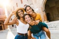 Multiethnic group of three happy young women having fun on summer vacation Royalty Free Stock Photo