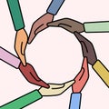 Multiethnic hands form a circle. Flat illustration. Friendship and unity concept Royalty Free Stock Photo