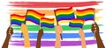 Multiethnic hands with LGBT flags on abstract acrylic rainbow background. Pride month banner, poster, background. Illustration