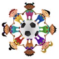 Multiethnic kids around a football Royalty Free Stock Photo