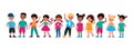 Multiethnic kids. Smiling preschool cute children boys and girls, standing in line teenagers friends group raising hand