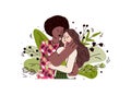 Multiethnic loving couple hugging, sketch cartoon vector illustration isolated. Royalty Free Stock Photo