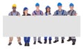 Multiethnic manual workers holding blank banner Royalty Free Stock Photo