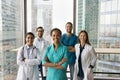 Multiethnic medical staff of hospital posing in office hall Royalty Free Stock Photo