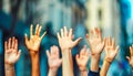 Multiethnic , multi racial group of hands raised up, diversity concept Royalty Free Stock Photo