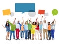 Multiethnic People Arms Raised and Empty Speech Bubbles Above