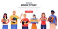Multiethnic people with books. Bookstore, library banner, poster design. Students characters. Vector illustration