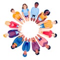 Multiethnic people in circle, holding hands. Top view vector illustration. Diversity community, collaboration concept