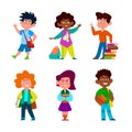 Multiethnic school children. Boys and girls in casual clothes with backpack and books. Little pupil with student
