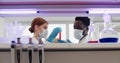 Multiethnic scientists in white coat medical mask and goggles in lab Royalty Free Stock Photo