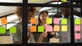 Multiethnic smiling team brainstorm using sticky notes