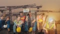 Multiexposure industrial background of enemployment construction workers and labor sitting in a group at cloded construction site