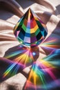 A faceted crystal refracts light into a vibrant spectrum of colors casting rainbow patterns on a soft textured surface Royalty Free Stock Photo