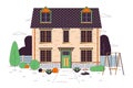 Multifamily home with swing, green lawn line cartoon flat illustration