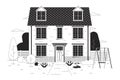 Multifamily home with swing, green yard black and white cartoon flat illustration