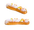 Multifruit Eclair, also known as a sweet baguette isolated on white background