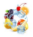 Multifruit with ice cubes and water splash Royalty Free Stock Photo