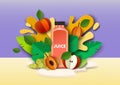 Multifruit juice drink bottle, fresh fruits, liquid splashes, drops. Vector paper cut style illustration. Mix juice ads.