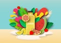 Multifruit juice drink bottle, fresh fruits, liquid splashes, drops. Vector paper cut style illustration. Mix juice ads. Royalty Free Stock Photo