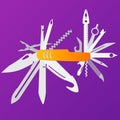 Multifunction flat knife illustration,Swiss knife, multipurpose penknife, army knife vector.