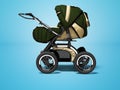 Multifunctional green pram for kids with pockets 3d render on blue background with shadow