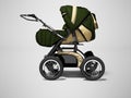 Multifunctional green pram for kids with pockets 3d render on gray background with shadow