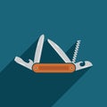 Multifunctional pocket knife icon. Flat design of hiking and camping equipment tool, vector illustration with long shadow Royalty Free Stock Photo