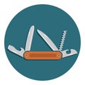 Multifunctional pocket knife icon. Flat design of hiking and camping equipment tool, vector illustration with long shadow Royalty Free Stock Photo