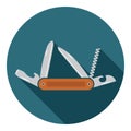 Multifunctional pocket knife icon. Flat design of hiking and camping equipment tool, vector illustration with long shadow Royalty Free Stock Photo