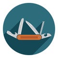 Multifunctional pocket knife icon. Flat design of hiking and camping equipment tool, vector illustration with long shadow Royalty Free Stock Photo