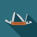 Multifunctional pocket knife icon. Flat design of hiking and camping equipment tool, vector illustration with long shadow. Royalty Free Stock Photo