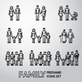 Multigenerational family freehand icons set with