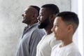 Multigenerational Men Family Portrait. Black Son, Father And Grandfather Standing In Row