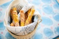 multigrain pretzels in a cloth-lined basket