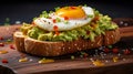 Close up of an Avacado Toast with Eggs on a Plate. Kitchen Backdrop