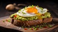 Close up of an Avacado Toast with Eggs on a Plate. Kitchen Backdrop