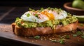 Close up of an Avacado Toast with Eggs on a Plate. Kitchen Backdrop