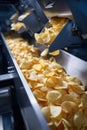 Top down view of a multihead weigher dispensing golden potato chips onto a conveyor belt in a modern food processing facility with Royalty Free Stock Photo