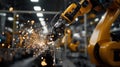 A multijointed robot welding metal components within a small manufacturing space illustrating the fusion of robotics and Royalty Free Stock Photo
