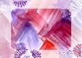Multicolored Frame of white, blue and violet leaves on Watercolor paint abstract background. Pink, red and purple spot Royalty Free Stock Photo