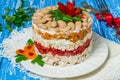 Multilayer festive salad with chicken, peppers and beans Royalty Free Stock Photo