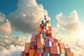 Multilayer paper art, businessman climbing boxes to the top, abstract concept, multi coloured, sky background, Generative AI