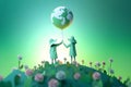 Multilayer Paper Child and Senior Holding Planet, Green Spring Background, Earth Day, Art, Generative AI