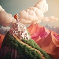 Multilayer paper concept, hiker with stick climbing to the top of the mountain, paper art, abstract, sky background, Generative AI