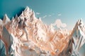 Multilayer paper concept, hiker with stick climbing to the top of the mountain, paper art, abstract, sky background, Generative AI