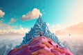 Multilayer paper concept, hiker with stick climbing to the top of the mountain, paper art, abstract, sky background, Generative AI