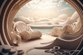 Multilayer paper sun loungers on the beach, paper art. sea view, aesthetics, sunny sky background. Generative AI