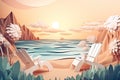 Multilayer paper sun loungers on the beach, paper art. sea view, aesthetics, sunny sky background. Generative AI